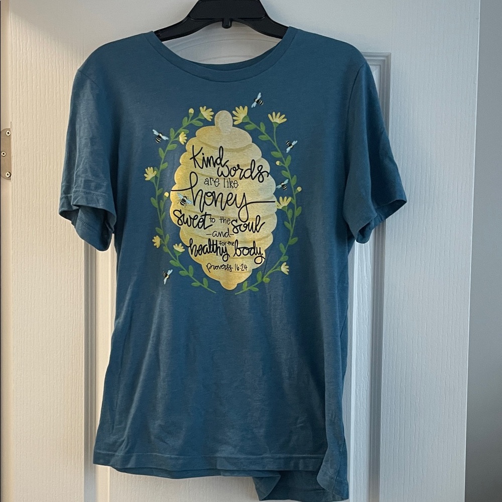 Blue Graphic Tee with Gold Honey Jar Design